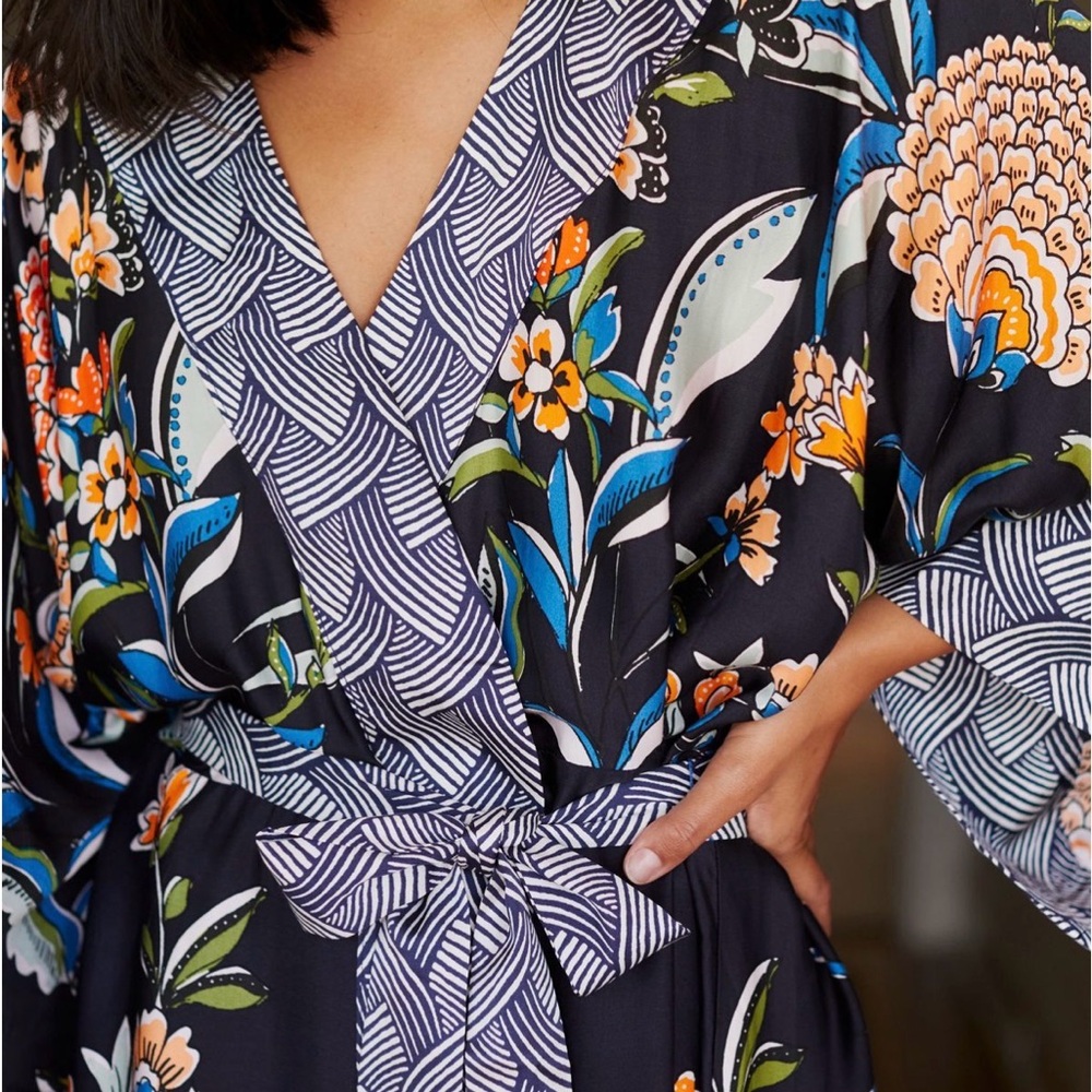 RARE Anthropologie Black Floral Kimono Robe with Orange & Blue Accents